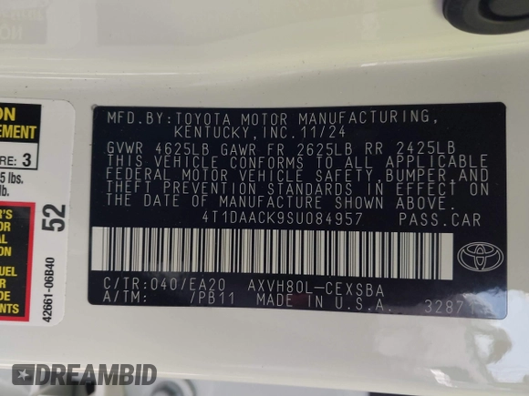 2025 Toyota Camry LE with VIN 4T1DAACK9SU084957, listed as a IAAI auction lot 41688859 with 7,396 mi miles and . Bid and sale history available at DreamBid. Image 9.