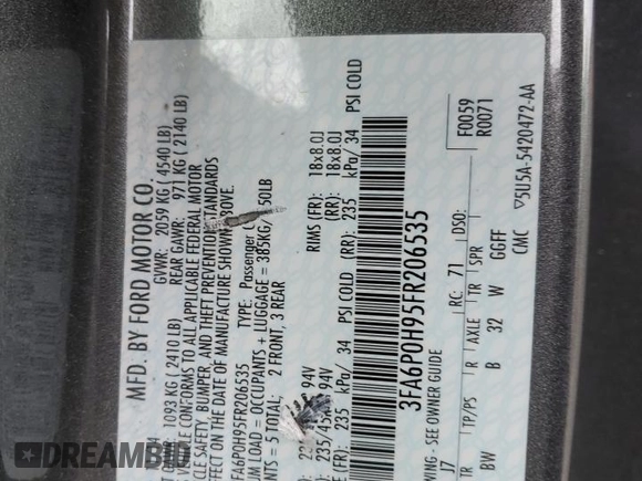 2015 Ford Fusion SE z VIN 3FA6P0H95FR206535, wystawiony jako Copart lot #54242105 z przebiegiem 83 001 mil mil oraz Szkoda całkowita • Salvage title. Historia ofert i sprzedaży dostępna na DreamBid. Obrazek 13.