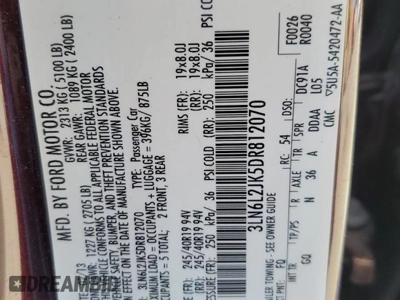2013 Lincoln MKZ with VIN 3LN6L2JK5DR812070, listed as a Copart auction lot 48546305 with 59,532 mi miles and Salvage Title. Bid and sale history available at DreamBid. Image 12.