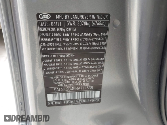 2011 Land Rover Range Rover Sport HSE Lux с VIN SALSK2D49BA711536, выставлен на аукционе IAAI как лот 42494743 с пробегом 128 328 миль миль и . История ставок и продаж доступна на DreamBid. Изображение 9.