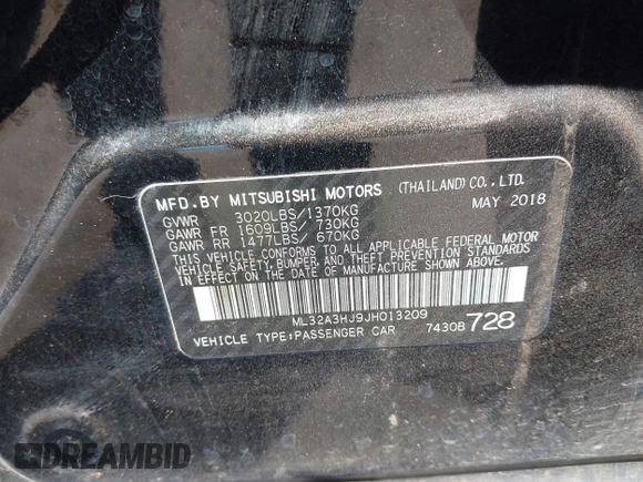 2018 Mitsubishi Mirage ES with VIN ML32A3HJ9JH013209, listed as a IAAI auction lot 41859302 with 125,892 mi miles and . Bid and sale history available at DreamBid. Image 9.