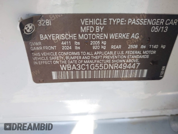 2013 BMW 3 Series 328i with VIN WBA3C1G55DNR49447, listed as a IAAI auction lot 41296098 with 126,605 mi miles and . Bid and sale history available at DreamBid. Image 9.