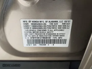 2007 Honda Pilot LX with VIN 5FNYF28127B038187, listed as a IAAI auction lot 41639252 with 149,548 mi miles. Bid and sale history available at carsss.com. Image 9.