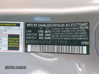 2006 Mercedes-Benz SLK 350 with VIN WDBWK56FX6F121510, listed as a IAAI auction lot 42086081 with 88,615 mi miles and . Bid and sale history available at DreamBid. Image 9.