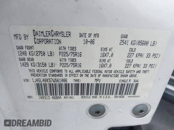 2007 Jeep Liberty Sport with VIN 1J4GL48K57W561086, listed as a IAAI auction lot 42094277 with 172,867 mi miles. Bid and sale history available at carsss.com. Image 9.