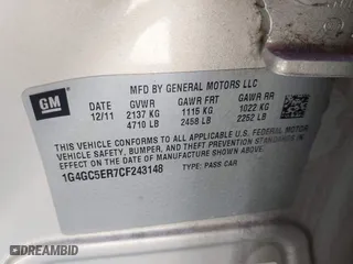 2012 Buick LaCrosse Leather with VIN 1G4GC5ER7CF243148, listed as a IAAI auction lot 41854253 with 1 mi miles. Bid and sale history available at carsss.com. Image 9.