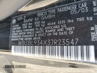 2003 BMW 3 Series M3 with VIN WBSBL934X3JR23547, listed as a Copart auction lot 79892484 with 117,165 mi miles and Salvage title. Bid and sale history available at DreamBid. Image 14.