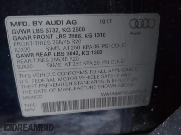 2018 Audi SQ5 Premium Plus with VIN WA1A4AFY2J2085029, listed as a IAAI auction lot 41015161 with 84,590 mi miles and . Bid and sale history available at DreamBid. Image 9.