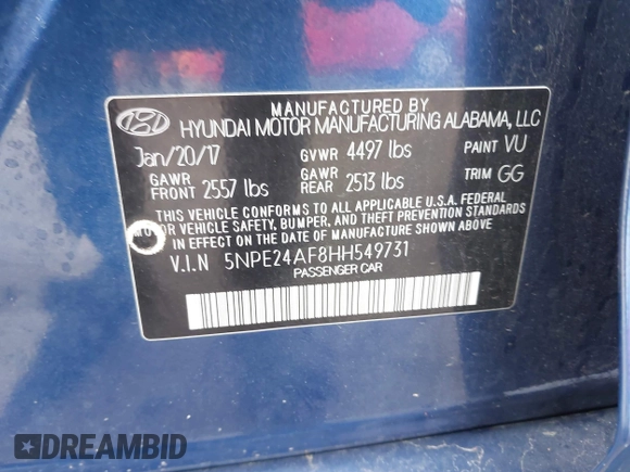 2017 Hyundai Sonata SE with VIN 5NPE24AF8HH549731, listed as a IAAI auction lot 41964904 with 117,228 mi miles and . Bid and sale history available at DreamBid. Image 9.
