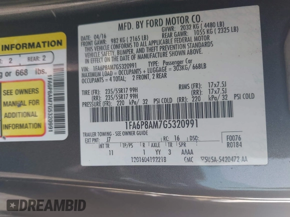 2016 Ford Mustang V6 z VIN 1FA6P8AM7G5320991, wystawiony jako IAAI lot #42405138 z przebiegiem Nie podano mil oraz . Historia ofert i sprzedaży dostępna na DreamBid. Obrazek 9.