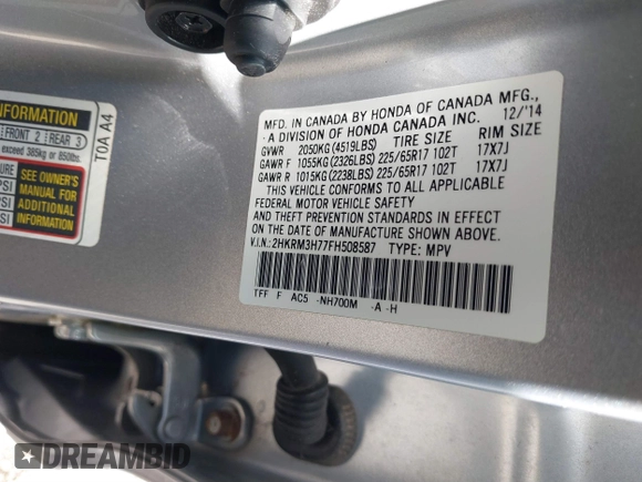 2015 Honda CR-V EX-L with VIN 2HKRM3H77FH508587, listed as a IAAI auction lot 41856580 with 62,854 mi miles. Bid and sale history available at carsss.com. Image 9.