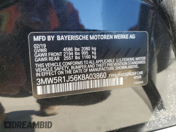 2019 BMW 3 Series 330i with VIN 3MW5R1J56K8A03860, listed as a Copart auction lot 80941324 with 69,114 mi miles and Salvage Title. Bid and sale history available at carsss.com. Image 14.
