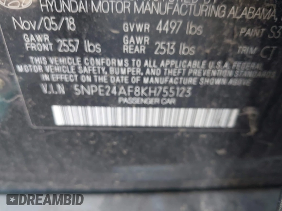 2019 Hyundai Sonata SE with VIN 5NPE24AF8KH755123, listed as a IAAI auction lot 40611551 with Not Provided miles and . Bid and sale history available at carsss.com. Image 9.