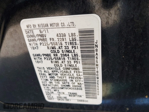 2012 Nissan Rogue S with VIN JN8AS5MT8CW255808, listed as a IAAI auction lot 41851273 with 189,407 mi miles. Bid and sale history available at carsss.com. Image 9.