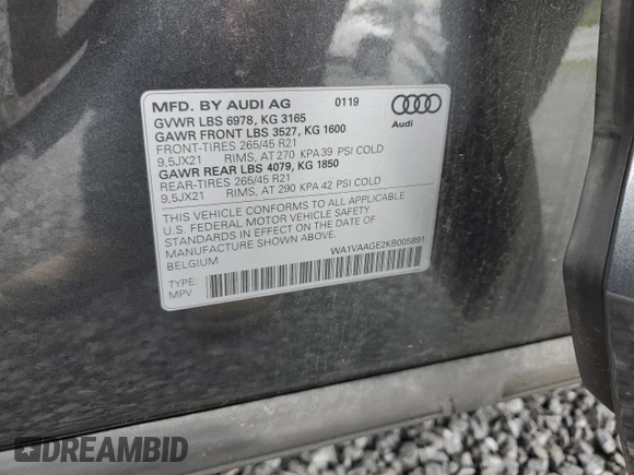 2019 Audi e-tron Prestige with VIN WA1VAAGE2KB005891, listed as a Copart auction lot 60627053 with 25,596 mi miles. Bid and sale history available at carsss.com. Image 14.