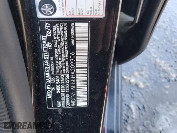 2017 Mercedes-Benz E-Class AMG E 43 with VIN WDDZF6EB8HA209906, listed as a Copart auction lot 42170265 with 88,824 mi miles and Salvage Title. Bid and sale history available at carsss.com. Image 12.