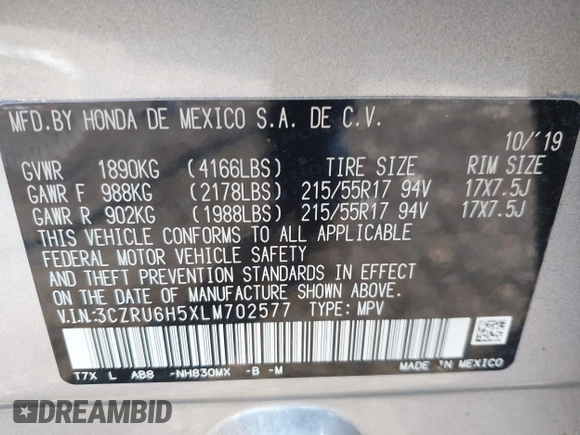 2020 Honda HR-V EX with VIN 3CZRU6H5XLM702577, listed as a IAAI auction lot 40836982 with 18,615 mi miles. Bid and sale history available at carsss.com. Image 9.