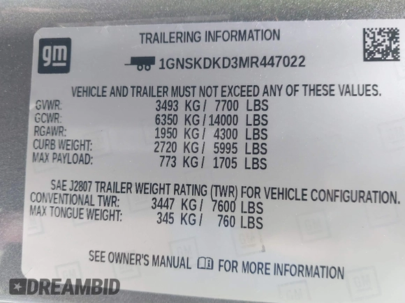 2021 Chevrolet Suburban Z71 с VIN 1GNSKDKD3MR447022, выставлен на аукционе IAAI как лот 41186982 с пробегом 82 677 миль миль и . История ставок и продаж доступна на DreamBid. Изображение 9.