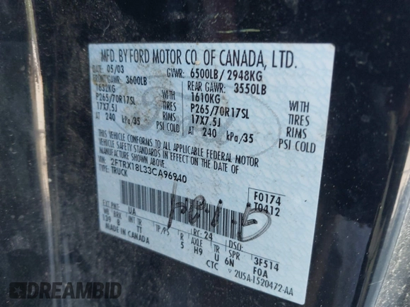 2003 Ford F-150 XL with VIN 2FTRX18L33CA96940, listed as a IAAI auction lot 42090248 with 229,260 mi miles. Bid and sale history available at carsss.com. Image 9.