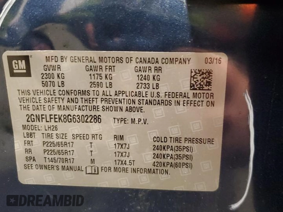 2016 Chevrolet Equinox LT z VIN 2GNFLFEK8G6302286, wystawiony jako Copart lot #52908975 z przebiegiem Nie podano mil oraz Szkoda całkowita • Salvage title. Historia ofert i sprzedaży dostępna na DreamBid. Obrazek 16.