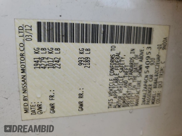 2012 Nissan Altima 2.5 with VIN 1N4AL2AP4CN540953, listed as a Copart auction lot 53939625 with 203,155 mi miles and Salvage Title. Bid and sale history available at DreamBid. Image 13.