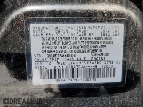 2019 Nissan Sentra S with VIN 3N1AB7AP4KY400898, listed as a Copart auction lot 53742385 with 127,032 mi miles and Salvage title. Bid and sale history available at DreamBid. Image 13.