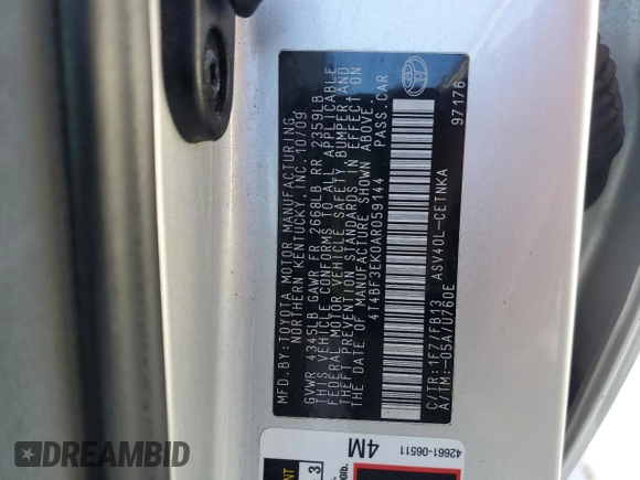 2010 Toyota Camry with VIN 4T4BF3EK0AR059144, listed as a Copart auction lot 44810575 with 181,841 mi miles and Salvage Title. Bid and sale history available at DreamBid. Image 12.