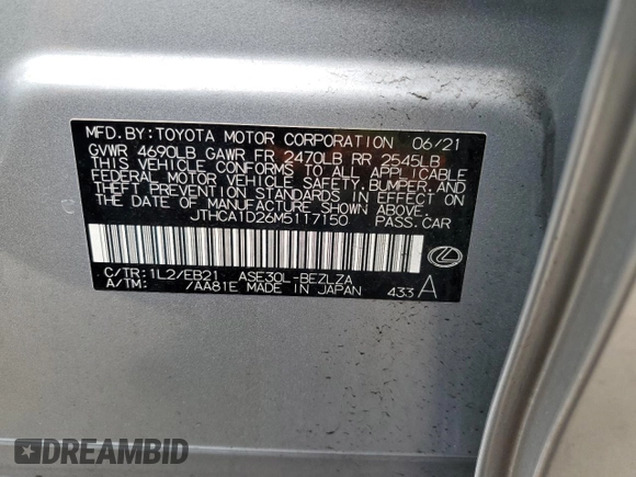 2021 Lexus IS 300 z VIN JTHCA1D26M5117150, wystawiony jako Copart lot #52930965 z przebiegiem 16 858 mil mil oraz Szkoda całkowita • Salvage title. Historia ofert i sprzedaży dostępna na DreamBid. Obrazek 12.