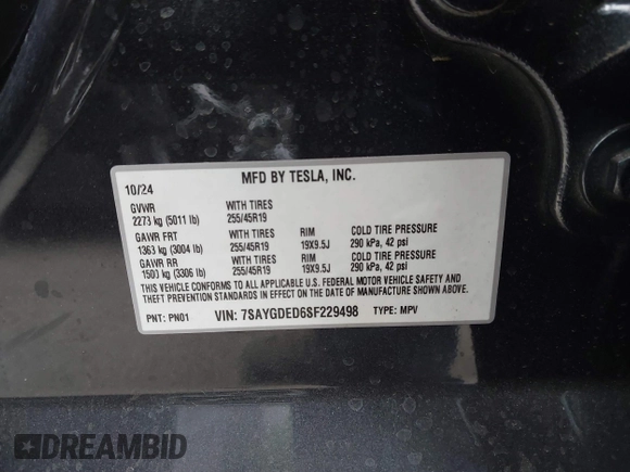 2025 Tesla Model Y Long Range with VIN 7SAYGDED6SF229498, listed as a IAAI auction lot 41086718 with 509 mi miles and . Bid and sale history available at DreamBid. Image 9.