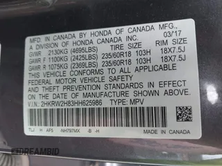 2017 Honda CR-V EX-L with VIN 2HKRW2H83HH625986, listed as a IAAI auction lot 42176162 with 47,706 mi miles. Bid and sale history available at carsss.com. Image 9.