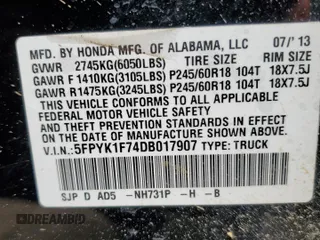 2013 Honda Ridgeline Sport with VIN 5FPYK1F74DB017907, listed as a Copart auction lot 55666355 with 140,117 mi miles and Salvage title. Bid and sale history available at DreamBid. Image 13.