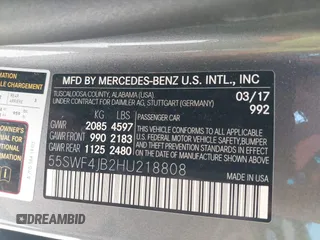 2017 Mercedes-Benz C 300 with VIN 55SWF4JB2HU218808, listed as a IAAI auction lot 42094419 with 75,780 mi miles and . Bid and sale history available at DreamBid. Image 9.