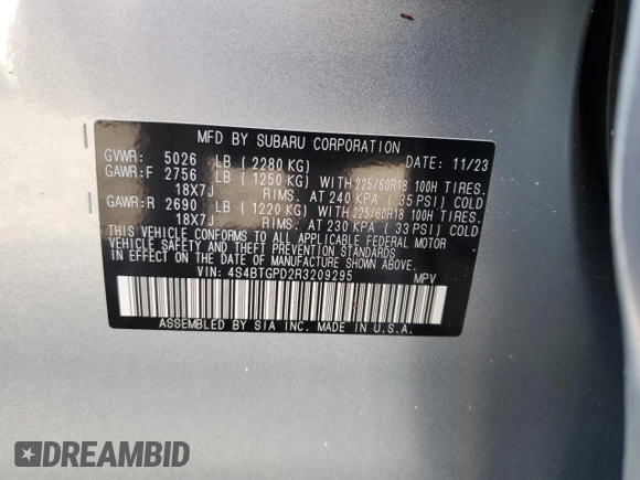 2024 Subaru Outback Touring XT с VIN 4S4BTGPD2R3209295, выставлен на аукционе Copart как лот 50828325 с пробегом Не указан миль и Списание • Salvage title. История ставок и продаж доступна на DreamBid. Изображение 13.