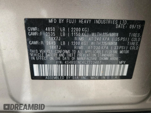2016 Subaru Outback Limited with VIN 4S4BSENC4G3223407, listed as a Copart auction lot 64036145 with Not provided miles and Salvage title. Bid and sale history available at DreamBid. Image 14.