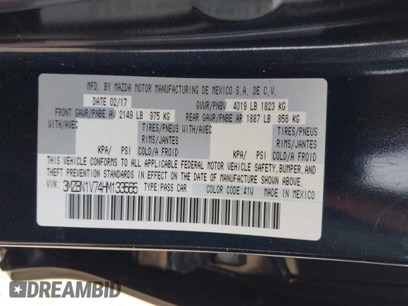 2017 Mazda 3 Touring z VIN 3MZBN1V74HM133565, wystawiony jako IAAI lot #42160836 z przebiegiem 104 997 mil mil oraz . Historia ofert i sprzedaży dostępna na DreamBid. Obrazek 9.