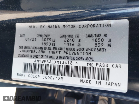 2021 Mazda 3 S with VIN JM1BPAALXM1341814, listed as a IAAI auction lot 42797513 with 32,167 mi miles and . Bid and sale history available at DreamBid. Image 9.