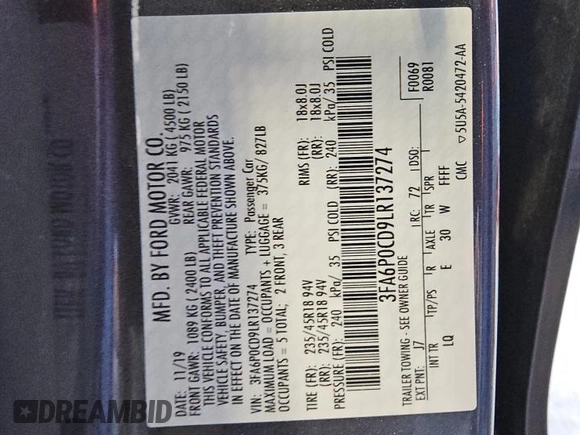 2020 Ford Fusion SEL with VIN 3FA6P0CD9LR137274, listed as a Copart auction lot 57070035 with 65,707 mi miles and Clean title. Bid and sale history available at DreamBid. Image 12.