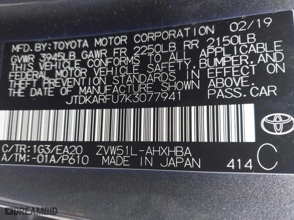 2019 Toyota Prius L Eco with VIN JTDKARFU7K3077941, listed as a IAAI auction lot 41865759 with 254,612 mi miles. Bid and sale history available at carsss.com. Image 9.