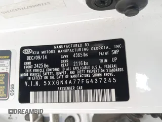 2015 Kia Optima EX with VIN 5XXGN4A77FG437245, listed as a IAAI auction lot 41560539 with 196,480 mi miles and . Bid and sale history available at DreamBid. Image 9.