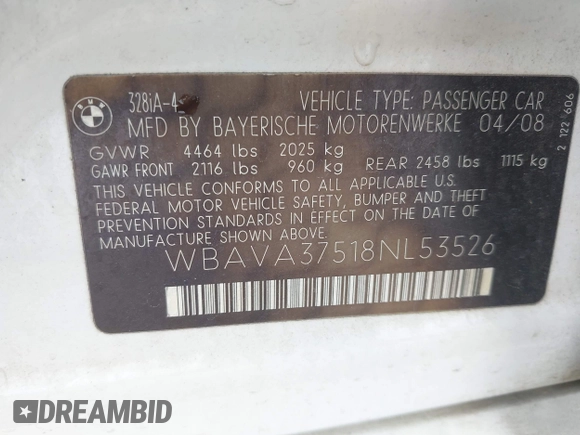 2008 BMW 3 Series 328i with VIN WBAVA37518NL53526, listed as a IAAI auction lot 41956298 with 208,586 mi miles and . Bid and sale history available at DreamBid. Image 9.