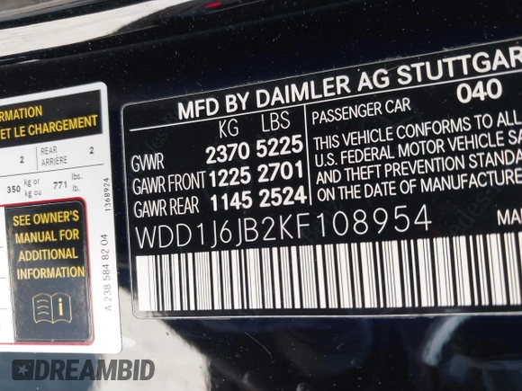 2019 Mercedes-Benz E-Class E 450 with VIN WDD1J6JB2KF108954, listed as a IAAI auction lot 41870189 with 99,004 mi miles. Bid and sale history available at carsss.com. Image 9.