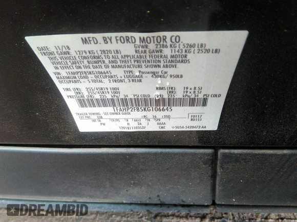 2019 Ford Taurus Limited с VIN 1FAHP2F85KG106645, выставлен на аукционе IAAI как лот 42334311 с пробегом 83 406 миль миль и . История ставок и продаж доступна на DreamBid. Изображение 9.
