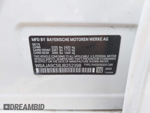 2018 BMW 5 Series 530e with VIN WBAJA9C58JB252398, listed as a IAAI auction lot 42070548 with Not provided miles and . Bid and sale history available at DreamBid. Image 9.