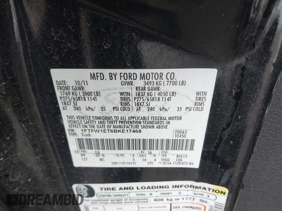 2011 Ford F-150 XLT with VIN 1FTFW1ET6BKE17468, listed as a IAAI auction lot 41206985 with 164,026 mi miles. Bid and sale history available at carsss.com. Image 9.