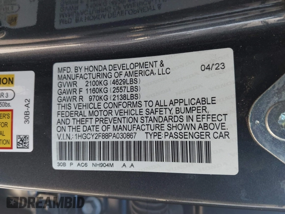 2023 Honda Accord Touring with VIN 1HGCY2F88PA030867, listed as a IAAI auction lot 41344807 with 19,745 mi miles and . Bid and sale history available at DreamBid. Image 9.