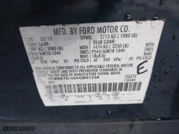 2019 Ford Explorer XLT with VIN 1FM5K7DH5KGB51334, listed as a IAAI auction lot 41436521 with 120,909 mi miles. Bid and sale history available at carsss.com. Image 9.