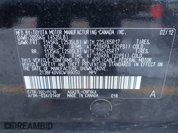 2012 Toyota RAV4 with VIN 2T3BF4DV8CW189050, listed as a IAAI auction lot 42554748 with 98,666 mi miles and . Bid and sale history available at DreamBid. Image 9.