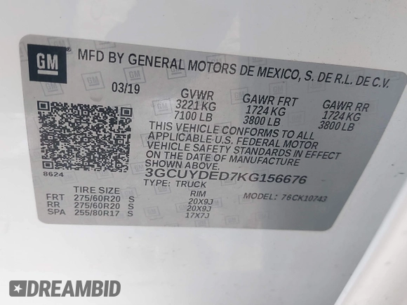 2019 Chevrolet Silverado 1500 LT with VIN 3GCUYDED7KG156676, listed as a IAAI auction lot 41329709 with 125,990 mi miles. Bid and sale history available at carsss.com. Image 9.