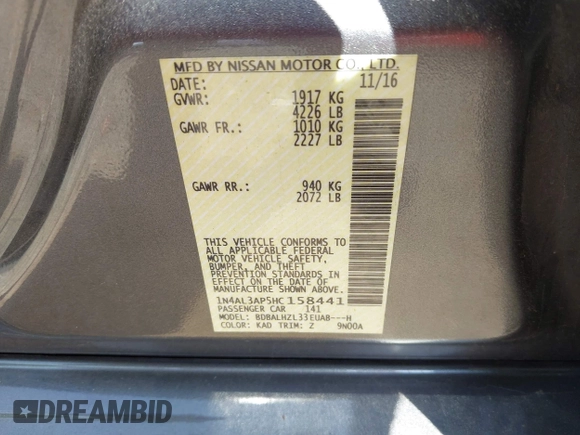2017 Nissan Altima SV with VIN 1N4AL3AP5HC158441, listed as a IAAI auction lot 42147176 with 132,461 mi miles and . Bid and sale history available at DreamBid. Image 9.
