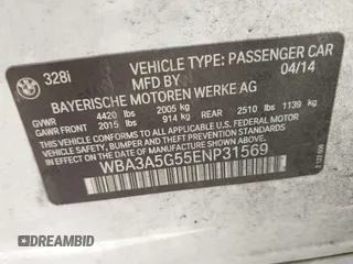 2014 BMW 3 Series 328i with VIN WBA3A5G55ENP31569, listed as a IAAI auction lot 42218428 with 151,927 mi miles and . Bid and sale history available at DreamBid. Image 9.